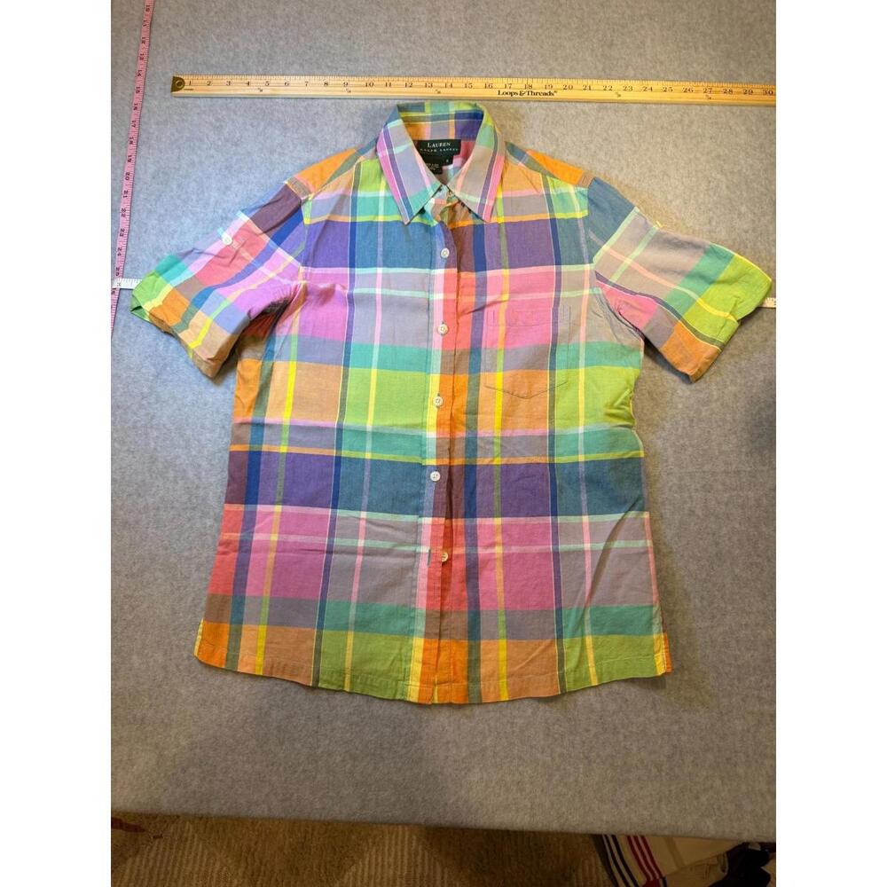 Lauren Ralph Lauren Top Women Pink Shirt Madras Plaid Button Up Y2K Retro Small